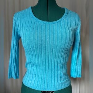 VTG 90s Avalin Sweater Womens S teal Ribbed Scoop Neck 3/4 Sleeve Stretch Shirt